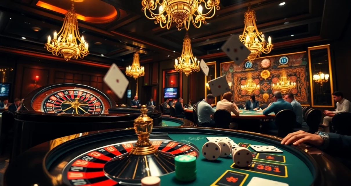 High-stakes gambling action at https://king88b.us.com/ featuring poker, roulette, and colorful chips.