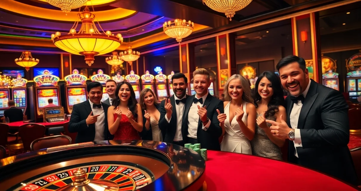 Players enjoying their wins at a casino table linked to https://www.66slots8.com/ with illuminated slot machines in the background.