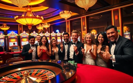 Players enjoying their wins at a casino table linked to https://www.66slots8.com/ with illuminated slot machines in the background.