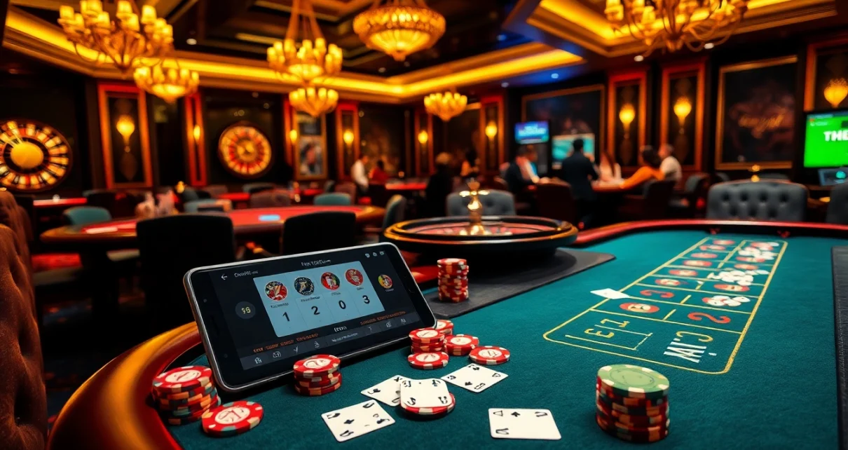 Exciting poker action at a casino table with S8 device showcasing live betting.
