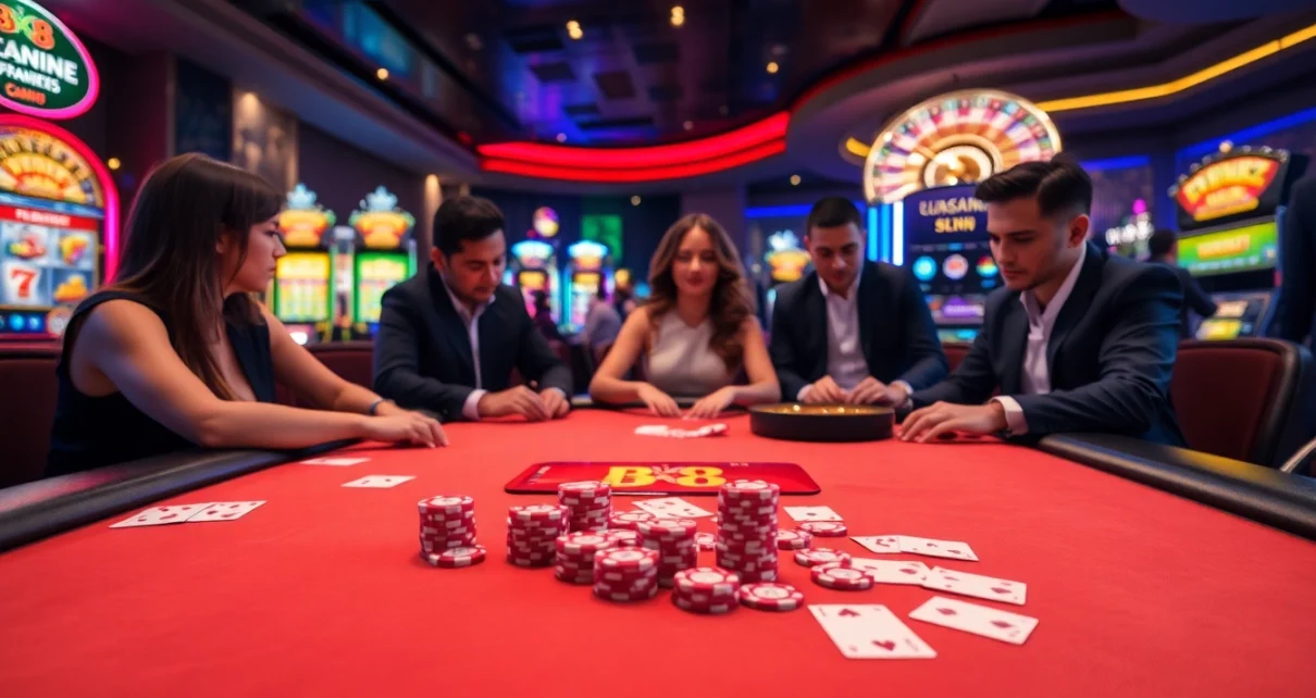 BK8 players enjoying a thrilling poker game at a luxurious casino table.
