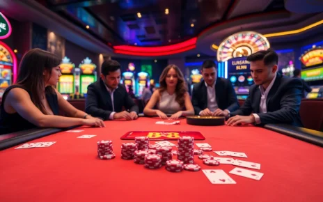 BK8 players enjoying a thrilling poker game at a luxurious casino table.