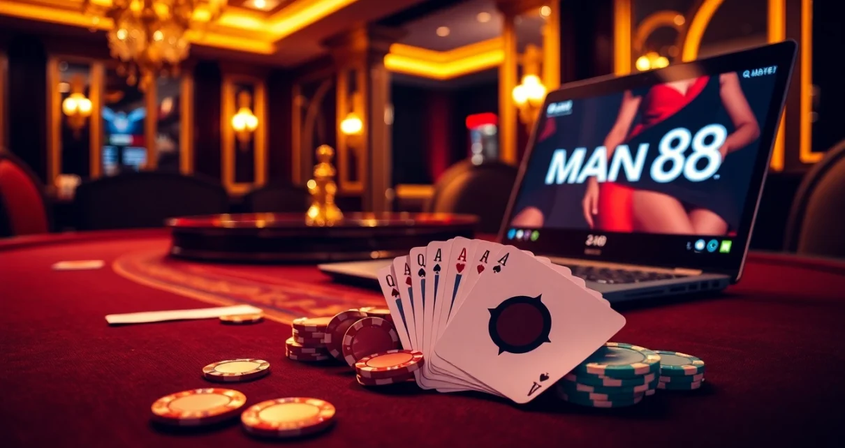 Experience the excitement of gambling at Man88 with vibrant poker chips and high-stakes gaming atmosphere.