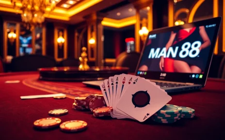 Experience the excitement of gambling at Man88 with vibrant poker chips and high-stakes gaming atmosphere.