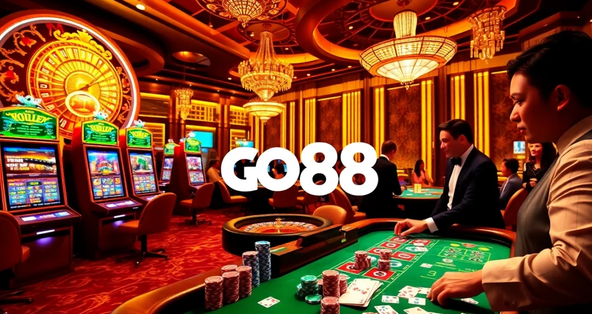 Engage in high-stakes gambling at GO88, featuring a luxurious casino table and vibrant atmosphere.