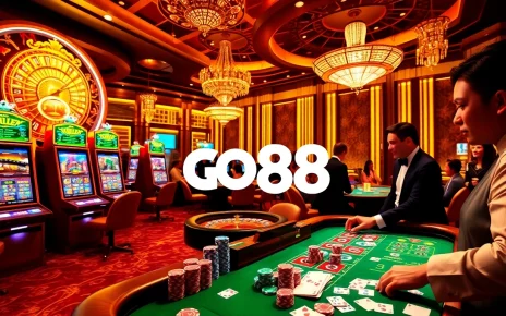 Engage in high-stakes gambling at GO88, featuring a luxurious casino table and vibrant atmosphere.