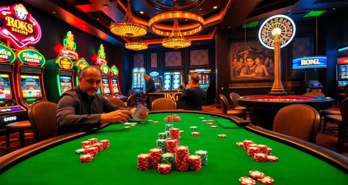 Engaging scene of a high-stakes poker game showcasing pahala4d gaming excitement with vibrant casino elements.