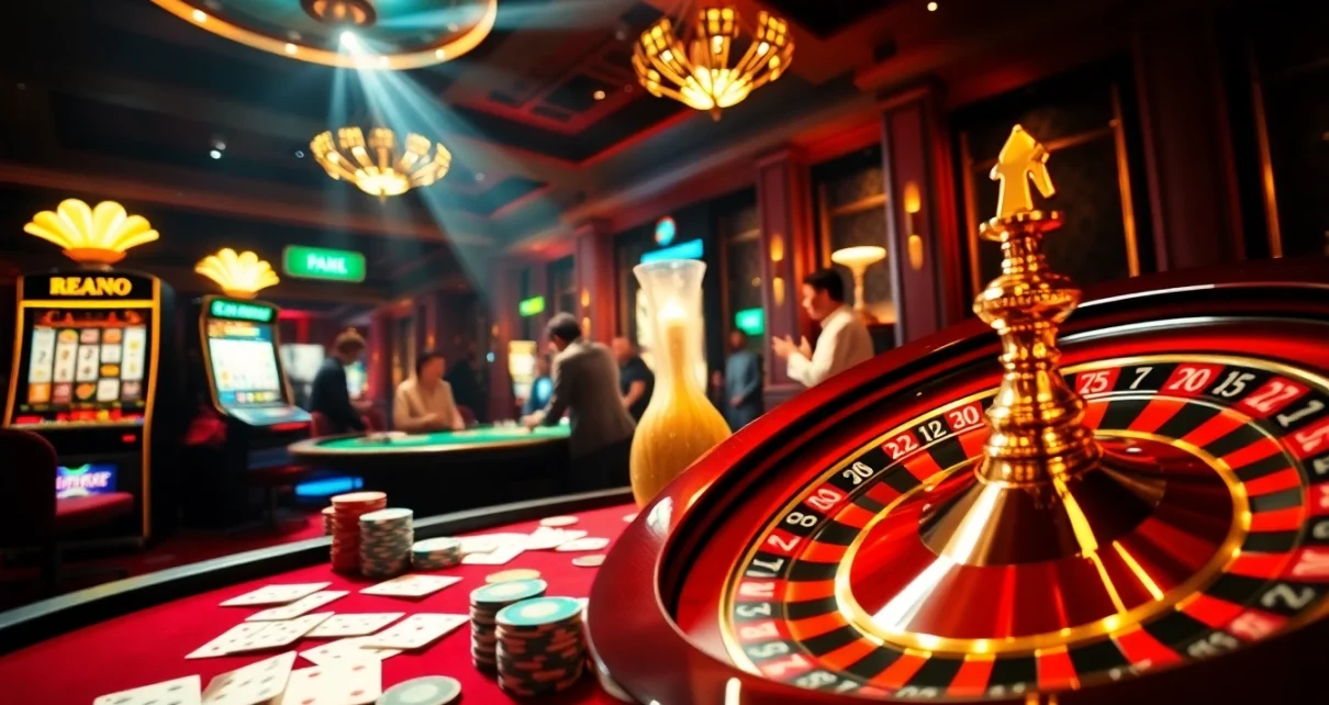 Situs apiraja88 casino scene featuring vibrant roulette wheel, lively players, and exciting slot machine action.