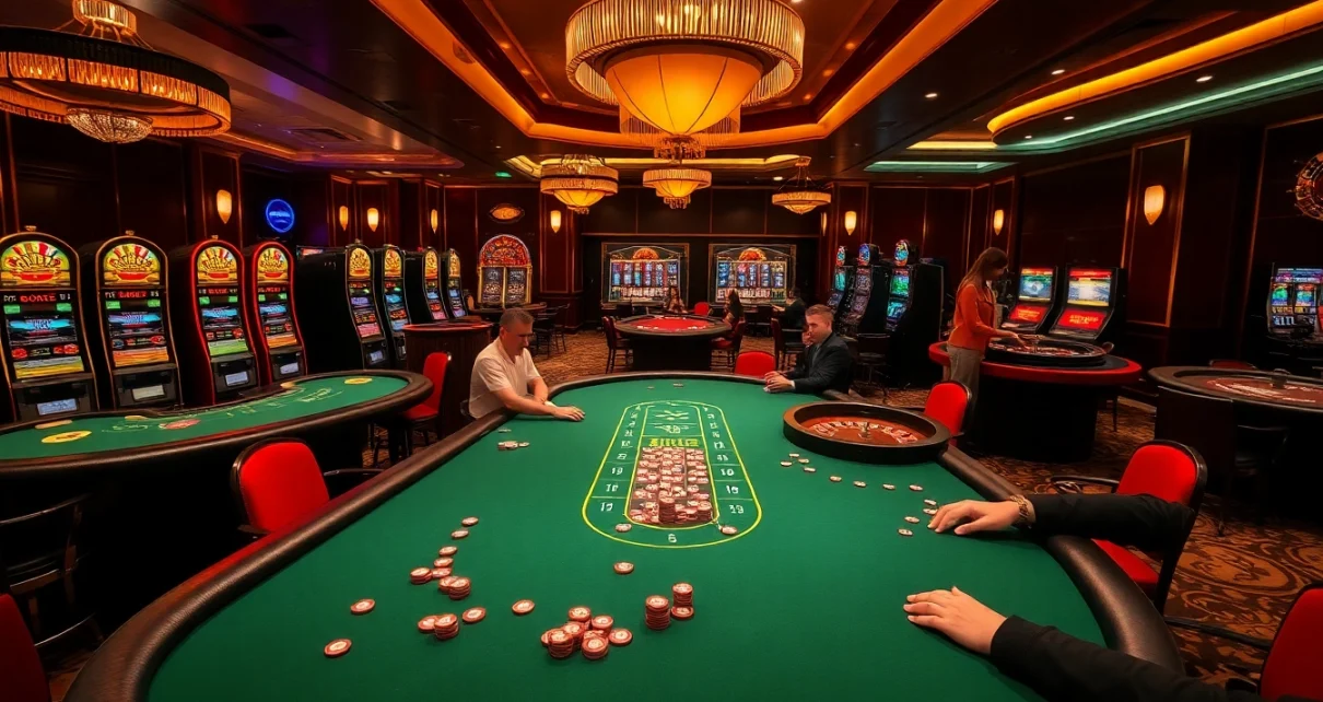 Experience the thrill of gambling at nohu90 with vibrant casino tables and focused players.
