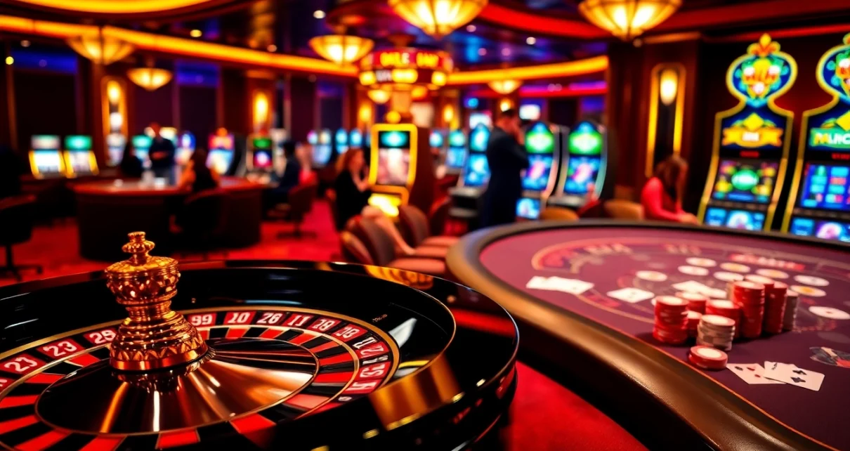 Experience thrilling gameplay with hz88 bet at a luxurious casino, featuring roulette and poker tables.
