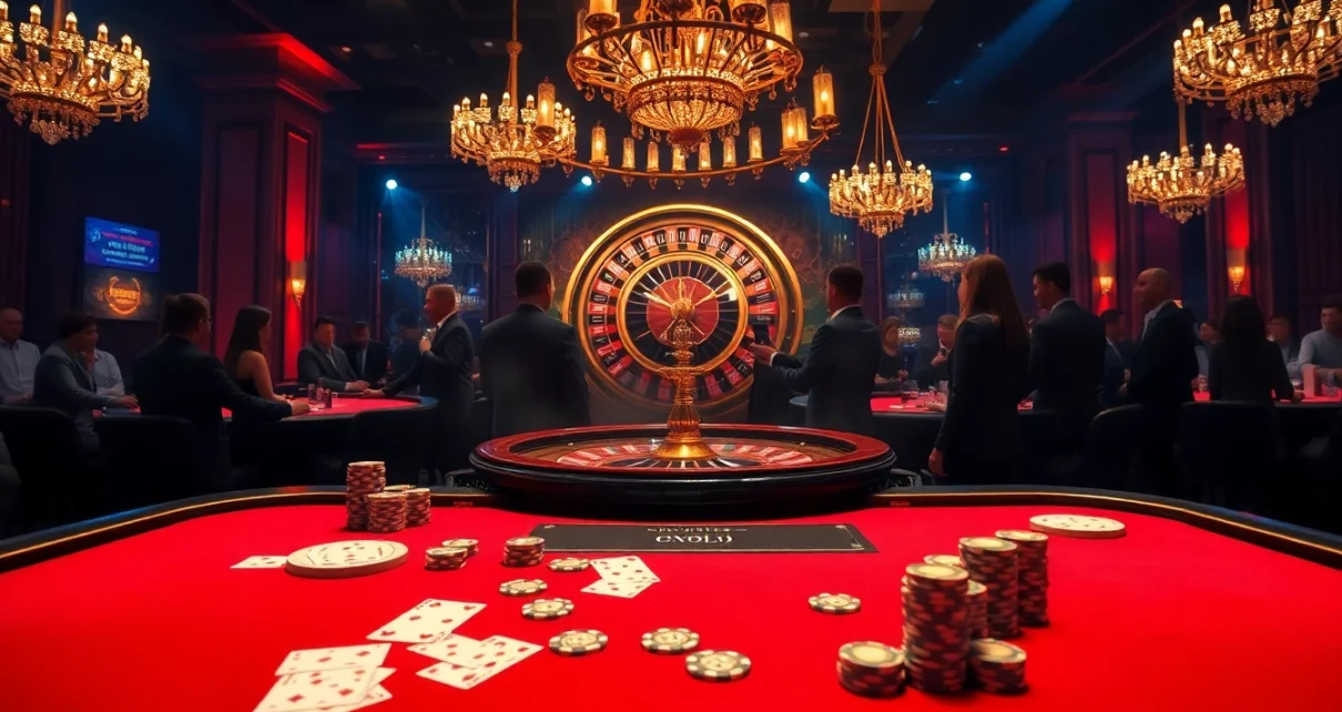 Excitement at the hit club casino with a poker table and roulette wheel in a luxurious setting.