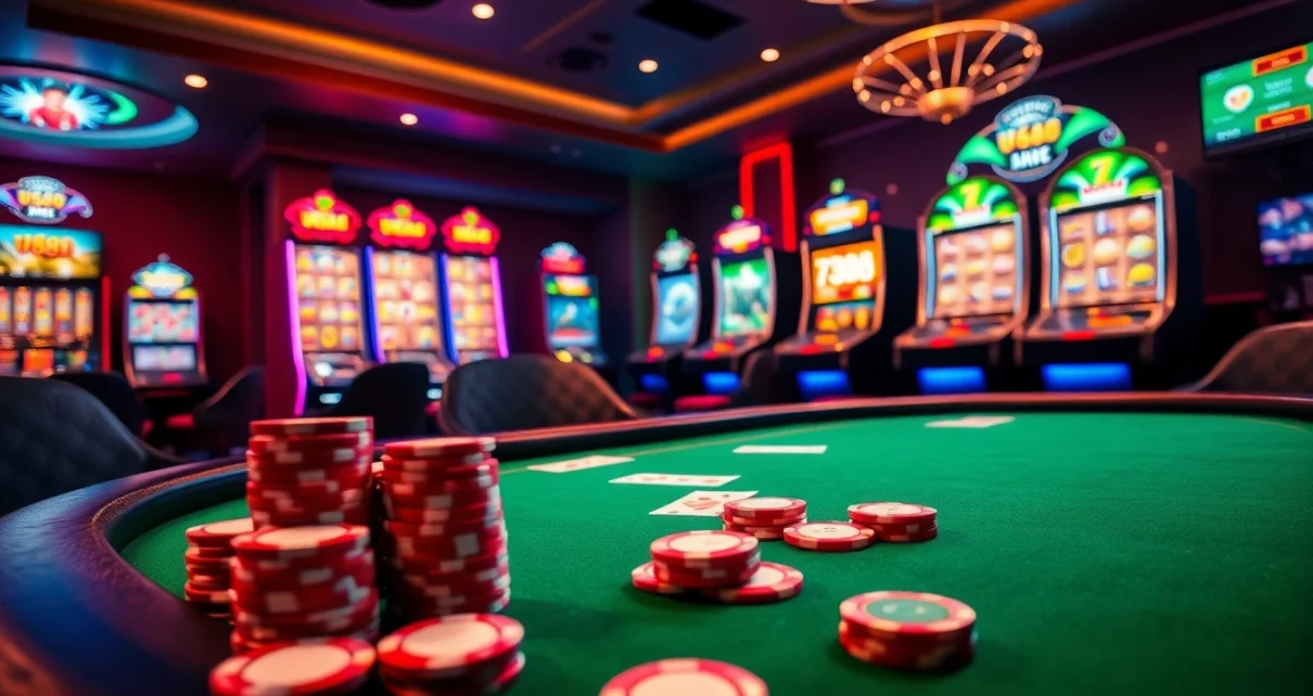 Exciting gambling scene at U888 featuring poker chips, cards, and slot machines in a luxurious casino environment.