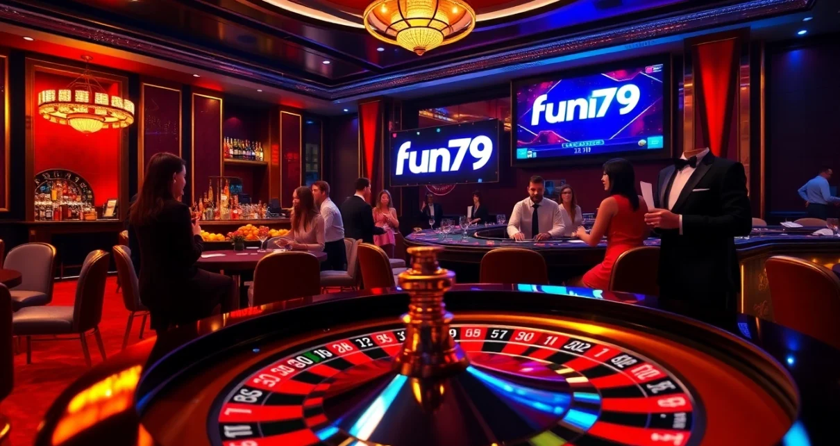 fun79 players enjoying an exciting game at a luxurious casino table with vibrant decorations.