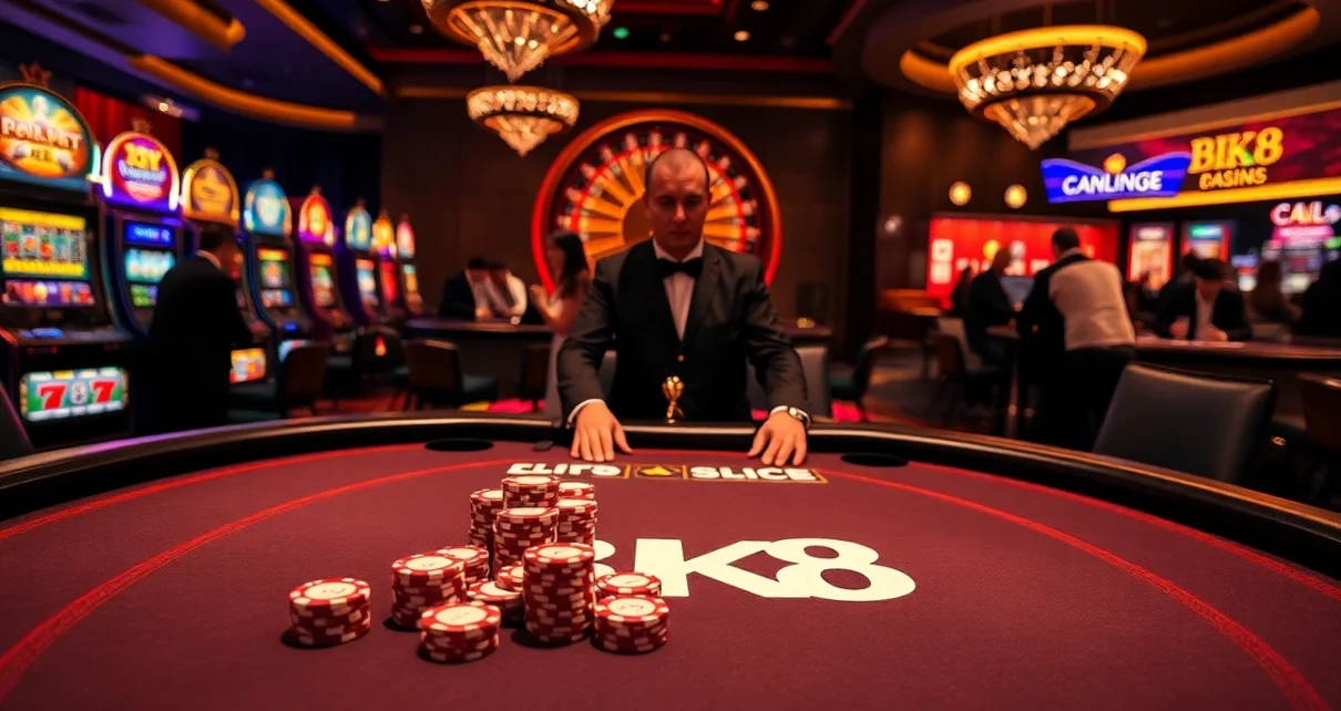 BK8 branded poker table in a vibrant casino environment with players enjoying various games.