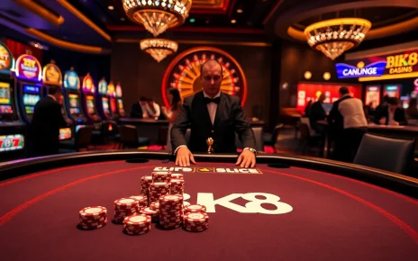 BK8 branded poker table in a vibrant casino environment with players enjoying various games.
