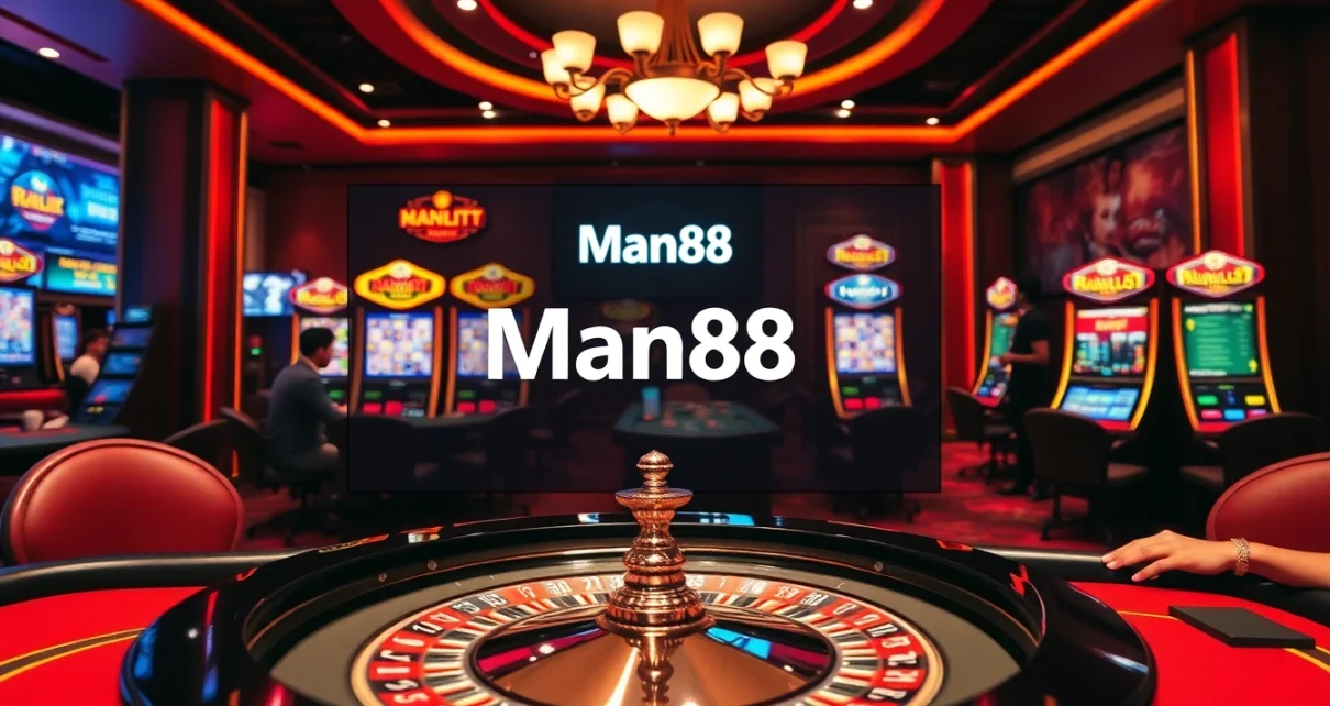 Players immerse in an exciting gaming experience at Man88 casino with roulette and slot machines.