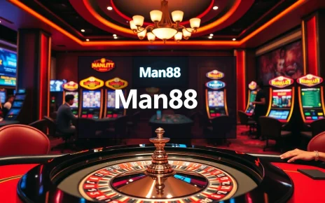 Players immerse in an exciting gaming experience at Man88 casino with roulette and slot machines.
