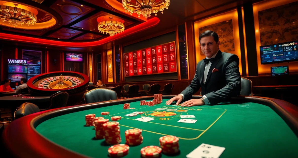 Engage in high-stakes poker at the luxurious win55 casino with vibrant poker chips and spinning roulette.