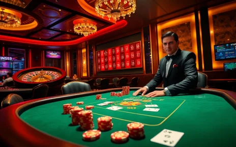 Engage in high-stakes poker at the luxurious win55 casino with vibrant poker chips and spinning roulette.