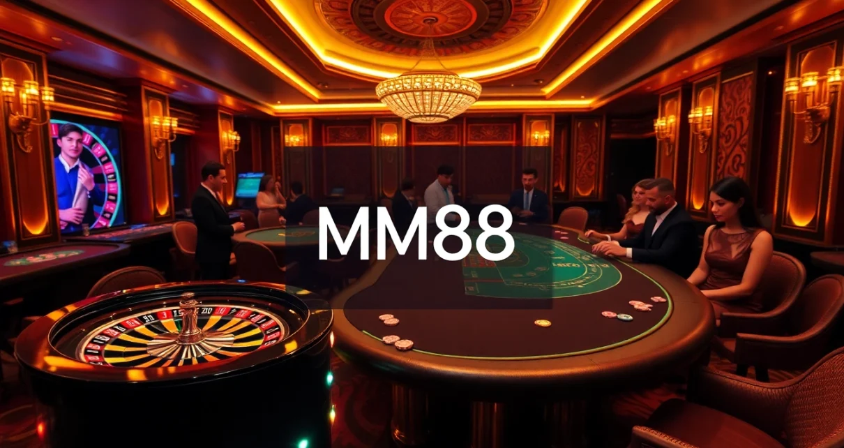 MM88 casino scene showcasing players at a vibrant roulette wheel and high-stakes blackjack table.