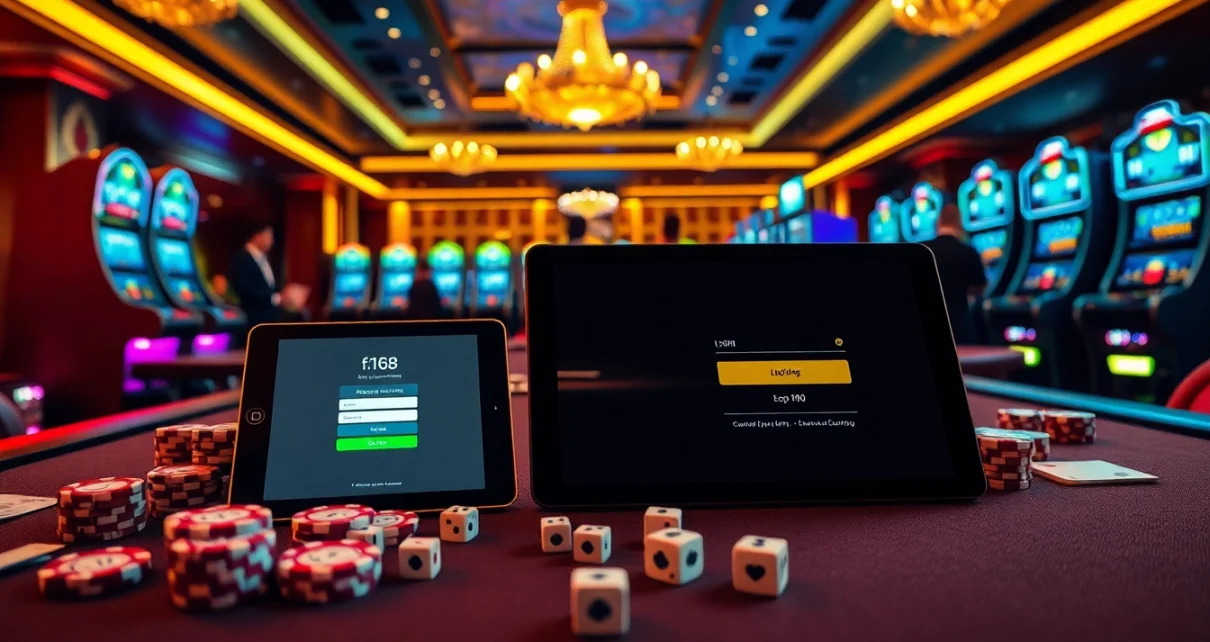 Experience the excitement of f168 đăng nhập with players at a luxurious casino table full of chips and cards.