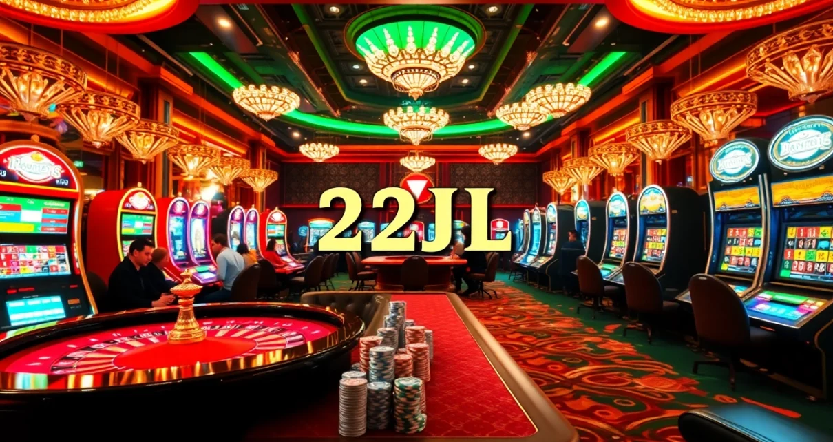 Players enjoying games in a vibrant casino atmosphere with 22JL branding visible on gaming interfaces.