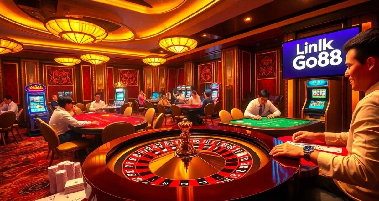 Experience excitement at the casino with Link Go88, featuring roulette, poker chips, and vibrant players.