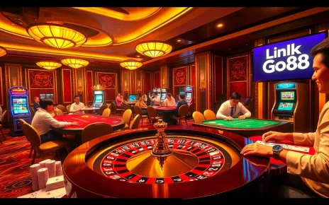 Experience excitement at the casino with Link Go88, featuring roulette, poker chips, and vibrant players.