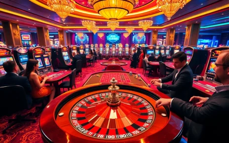 Experience the thrill of gaming with hm88 link at a luxurious casino featuring vibrant tables and slot machines.