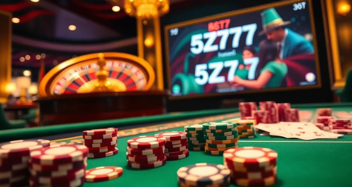 Experience the excitement of 5Z777 at a luxurious casino gaming table with poker chips and cards.