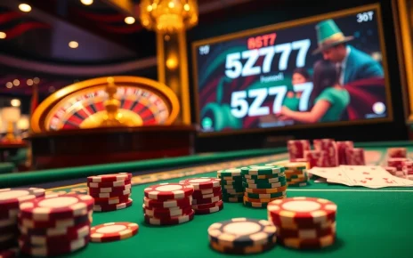 Experience the excitement of 5Z777 at a luxurious casino gaming table with poker chips and cards.