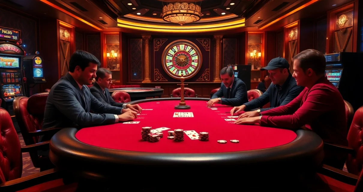 Players enjoying high-stakes poker at NK88, surrounded by vibrant casino elements.