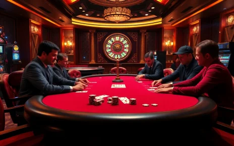 Players enjoying high-stakes poker at NK88, surrounded by vibrant casino elements.