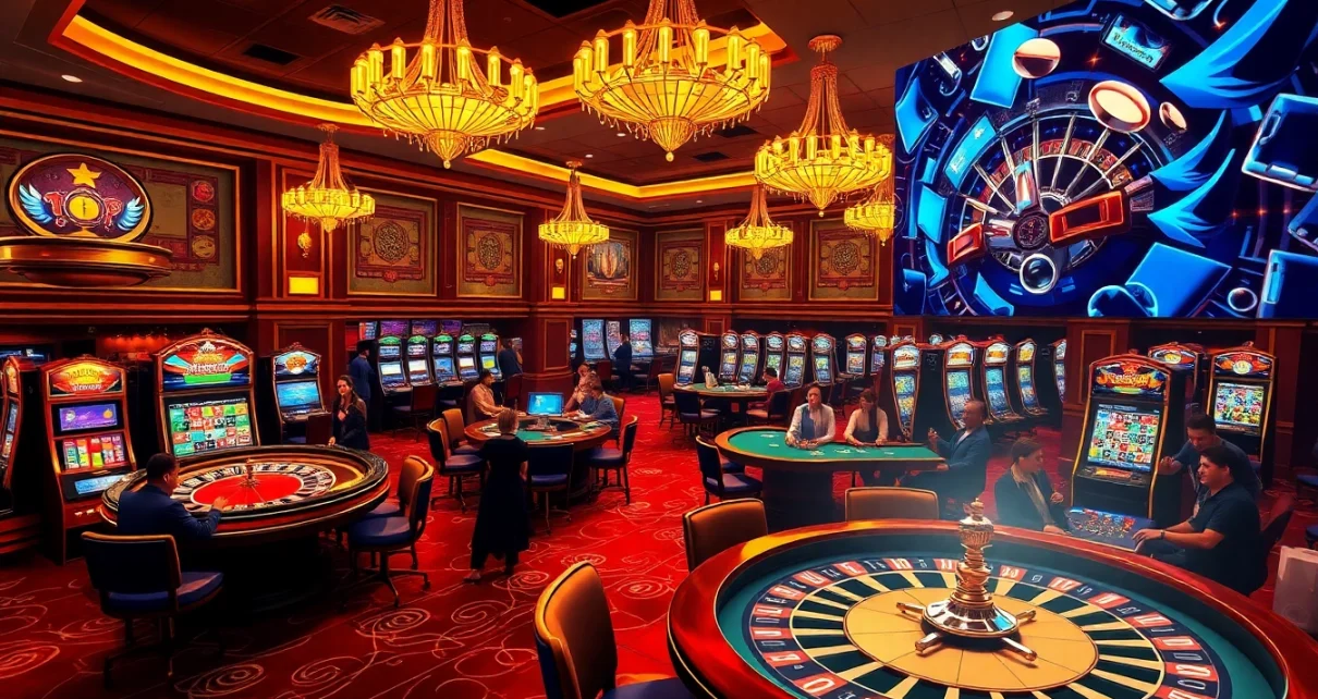 Exciting casino scene illustrating sơ đồ trang web ee88 with luxurious tables and vibrant games.