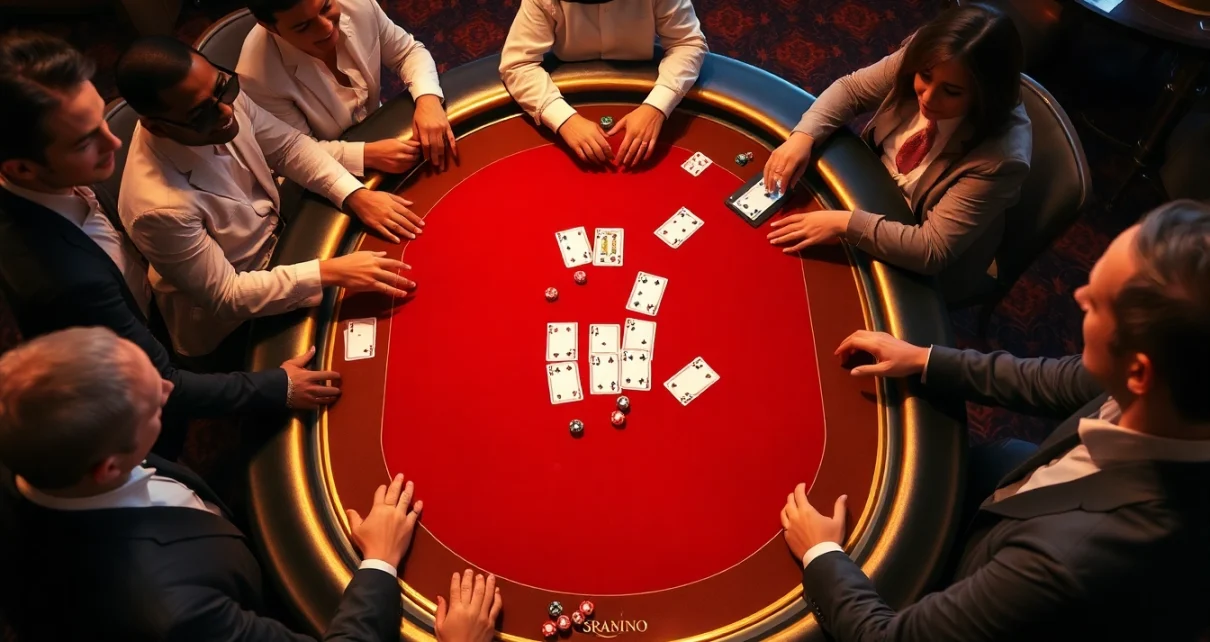 Mk8 gaming table with players enjoying high-stakes casino action and poker chips in view.