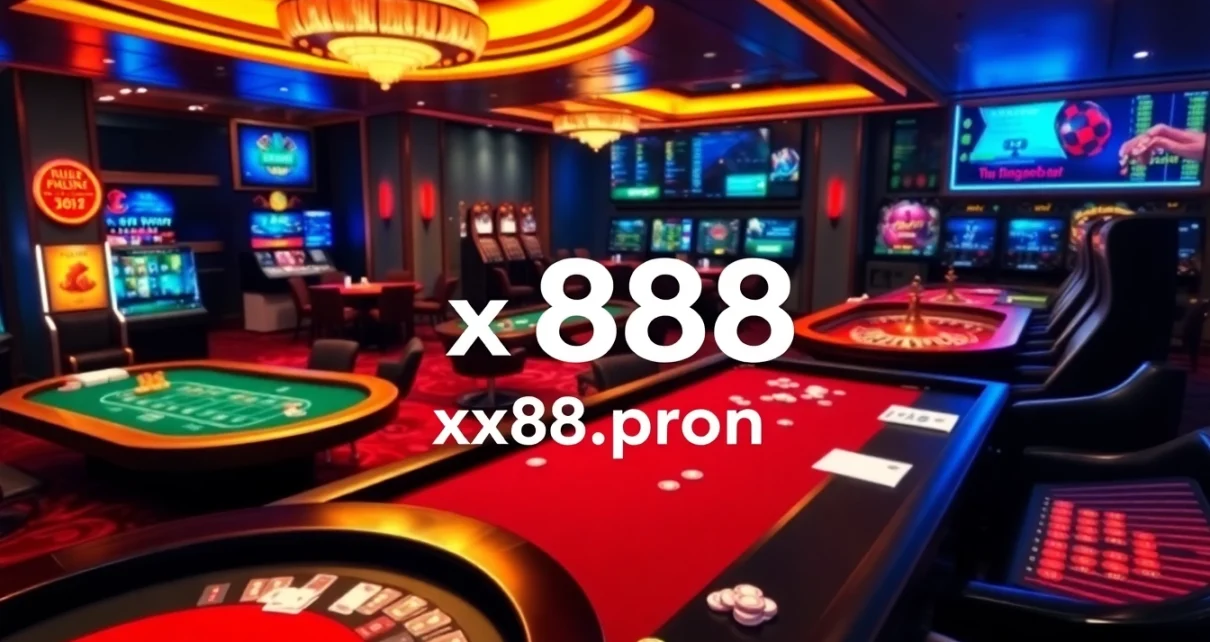 Experience thrilling gameplay at xx88.promo with a vibrant online casino atmosphere featuring tables, cards, and chips.