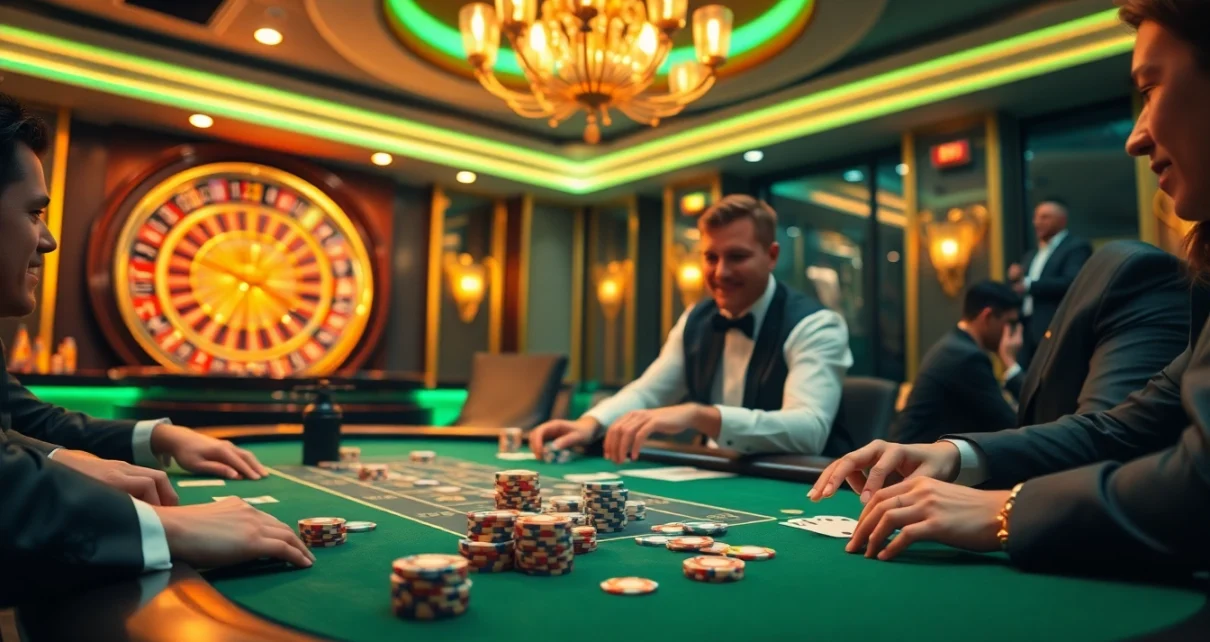 Players at a poker table enjoying their time at king88 casino, showcasing excitement and strategy.