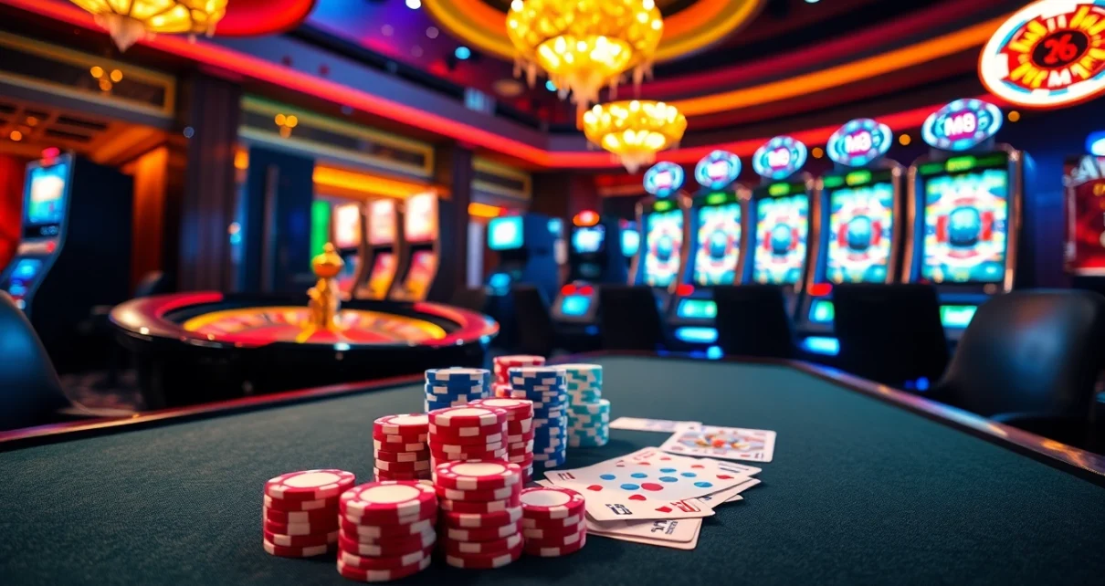 Experience high-stakes excitement with MK8 at a luxury casino table surrounded by vibrant gaming elements.