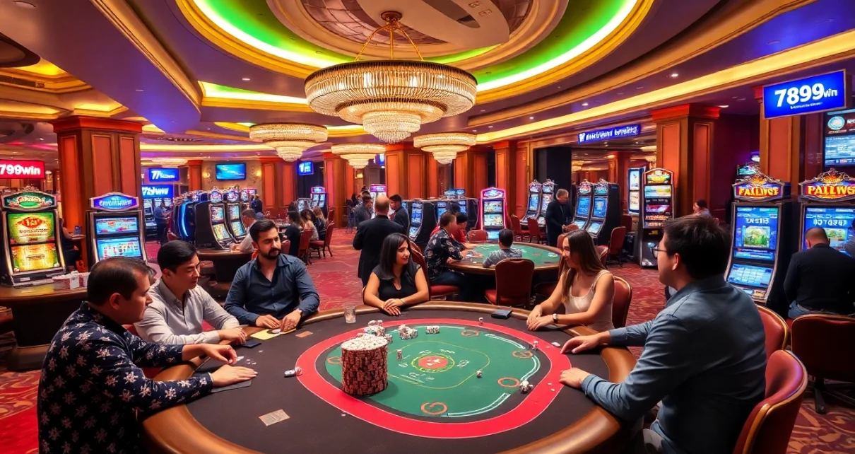 Players enjoying casino games at 789win, showcasing vibrant table action and exciting slot machines.