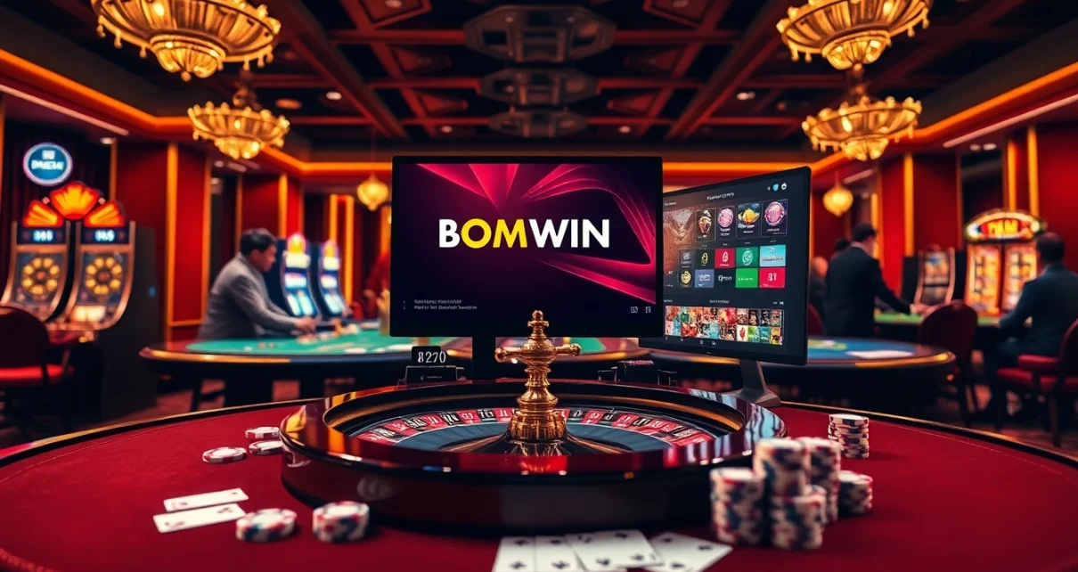 Experience the thrill of Đăng nhập bomwin at an opulent casino setting featuring poker chips, roulette tables, and vibrant slot machines.