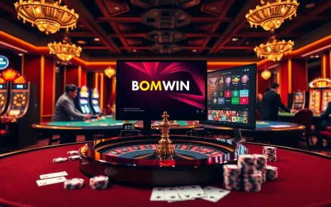 Experience the thrill of Đăng nhập bomwin at an opulent casino setting featuring poker chips, roulette tables, and vibrant slot machines.