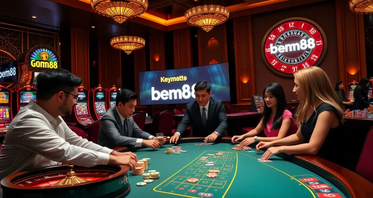 Players enjoying a live dealer game at a casino themed around bem88, showcasing excitement and professional service.