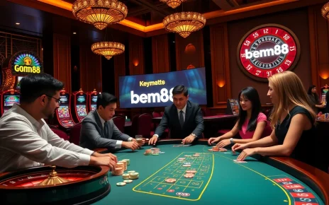 Players enjoying a live dealer game at a casino themed around bem88, showcasing excitement and professional service.