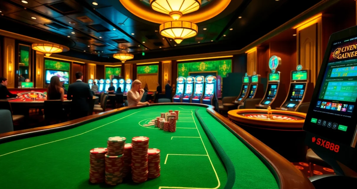 Experience thrilling gameplay at https://sx88.site/ with vibrant casino scenes including poker tables and roulette wheels.