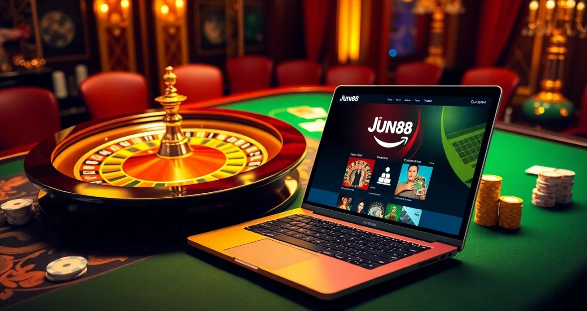 Exciting casino scene featuring jun88 com interface and poker elements.