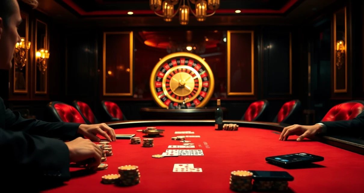 Exciting casino atmosphere featuring poker chips and s8 smartphone among players.