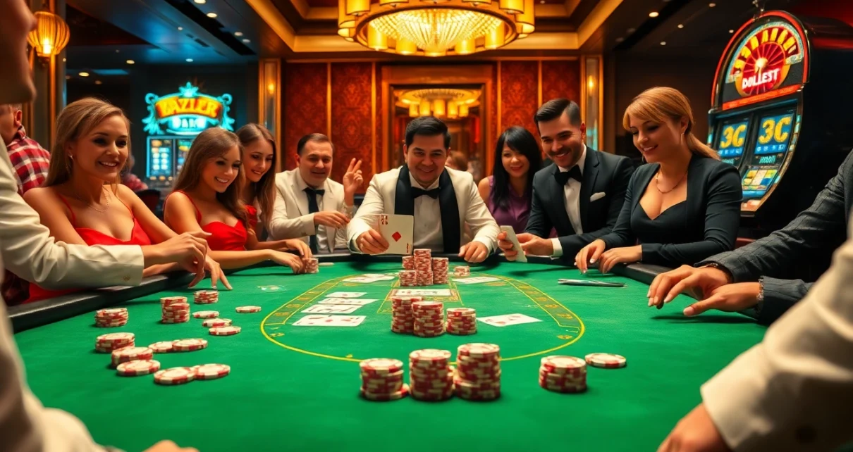 Players enjoying a thrilling blackjack game at a luxurious table, exploring winning strategies in the 222bd casino.
