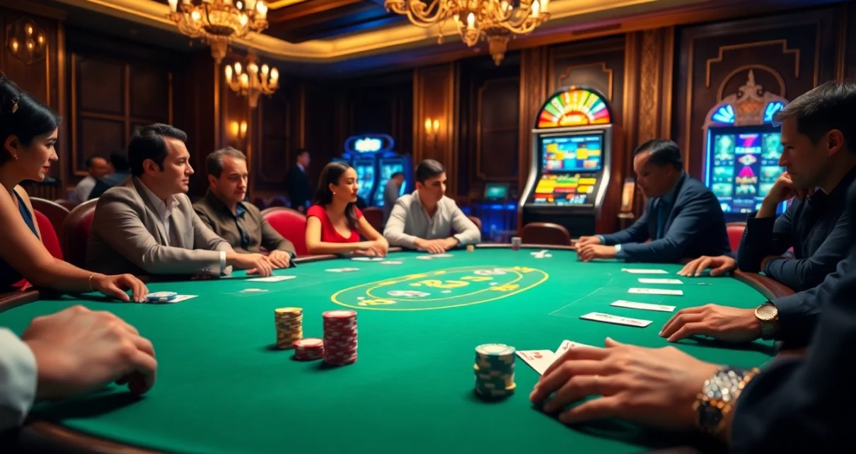 Intense poker action with chips and cards at a luxurious casino drawing inspiration from https://hanoiculturetravel.com/.