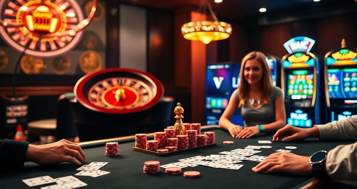 Experience thrilling gameplay at https://vj88.com/ with a luxurious casino setting featuring a poker table and roulette wheel.