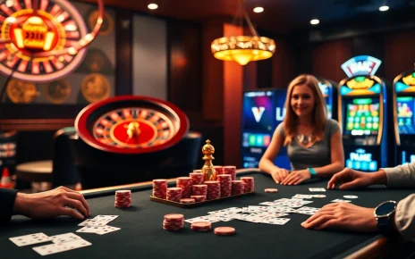 Experience thrilling gameplay at https://vj88.com/ with a luxurious casino setting featuring a poker table and roulette wheel.